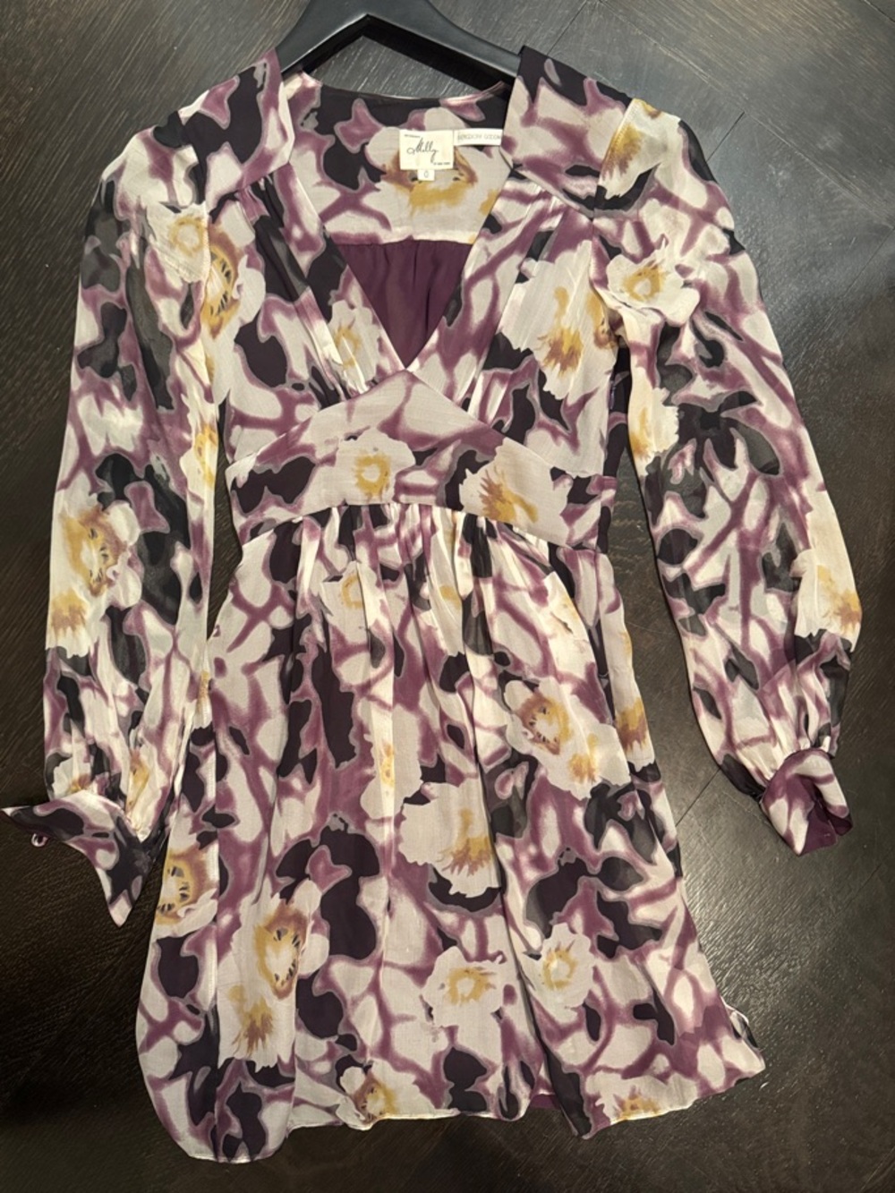 Milly Floral Print Mini Dress in Purple, Cream & Gold